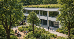 Escola com Telhado Verde e mini floresta. Imagem gerada por IA