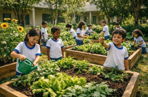 Horta em escola pública. Imagem gerada por IA